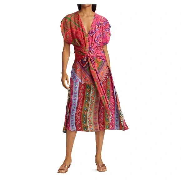 Farm Rio Colorful Bandana Tie Waist Midi dress size L - Picture 3 of 11